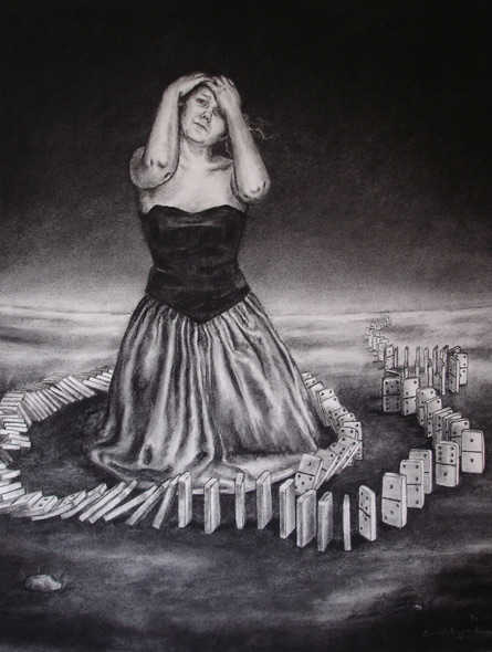 The domino girl - miniatyrbilde. Tegning av Elisabeth Berggren Hansen